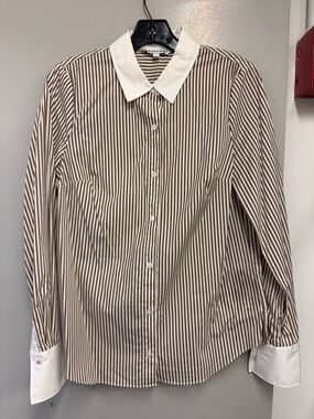 Veronica Beard Brown and White Striped Button-Up Shirt with Contrast Collar